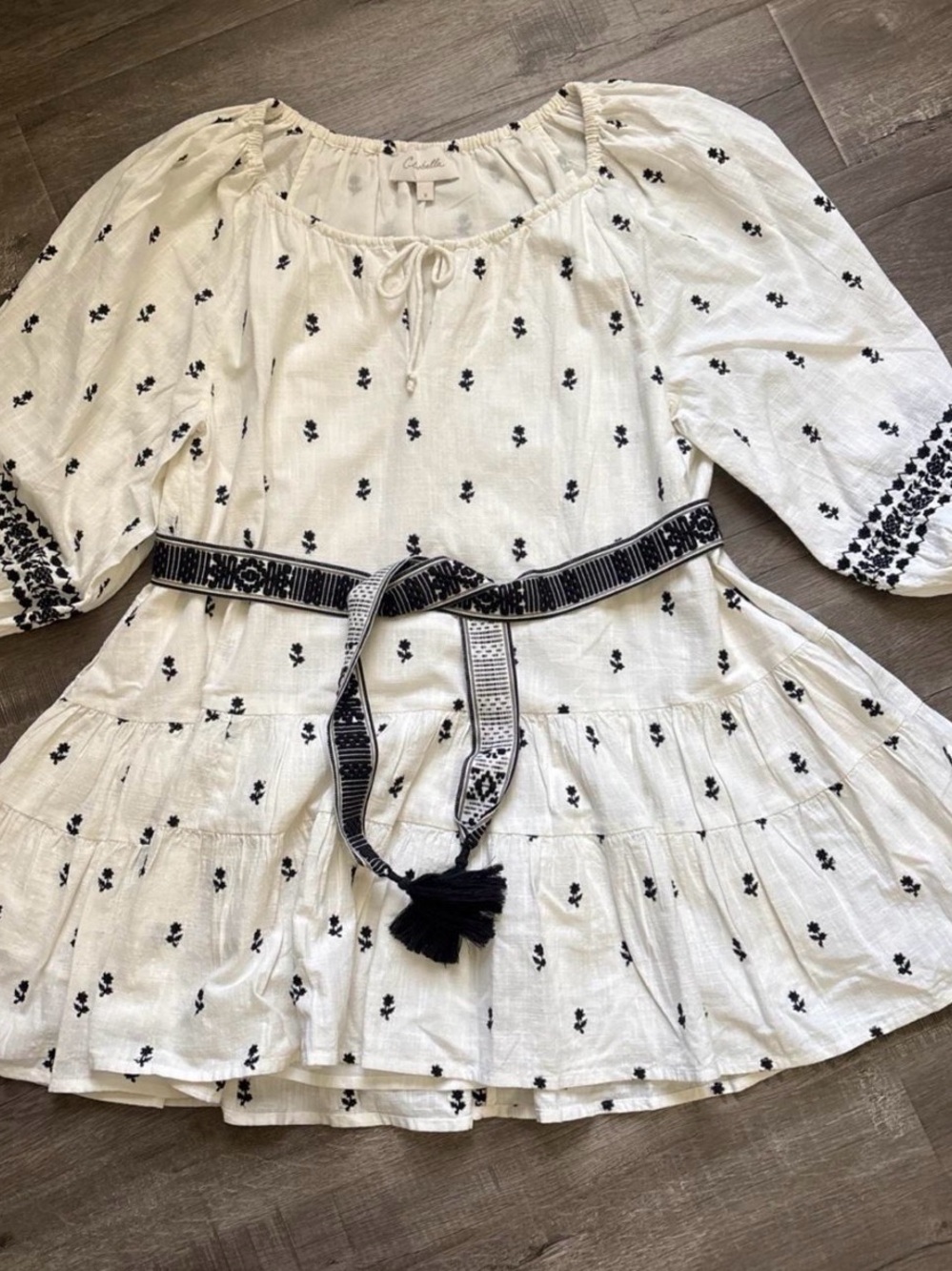 Cleobella White Maxi Dress with Black Embroidered Details and Tassel Belt